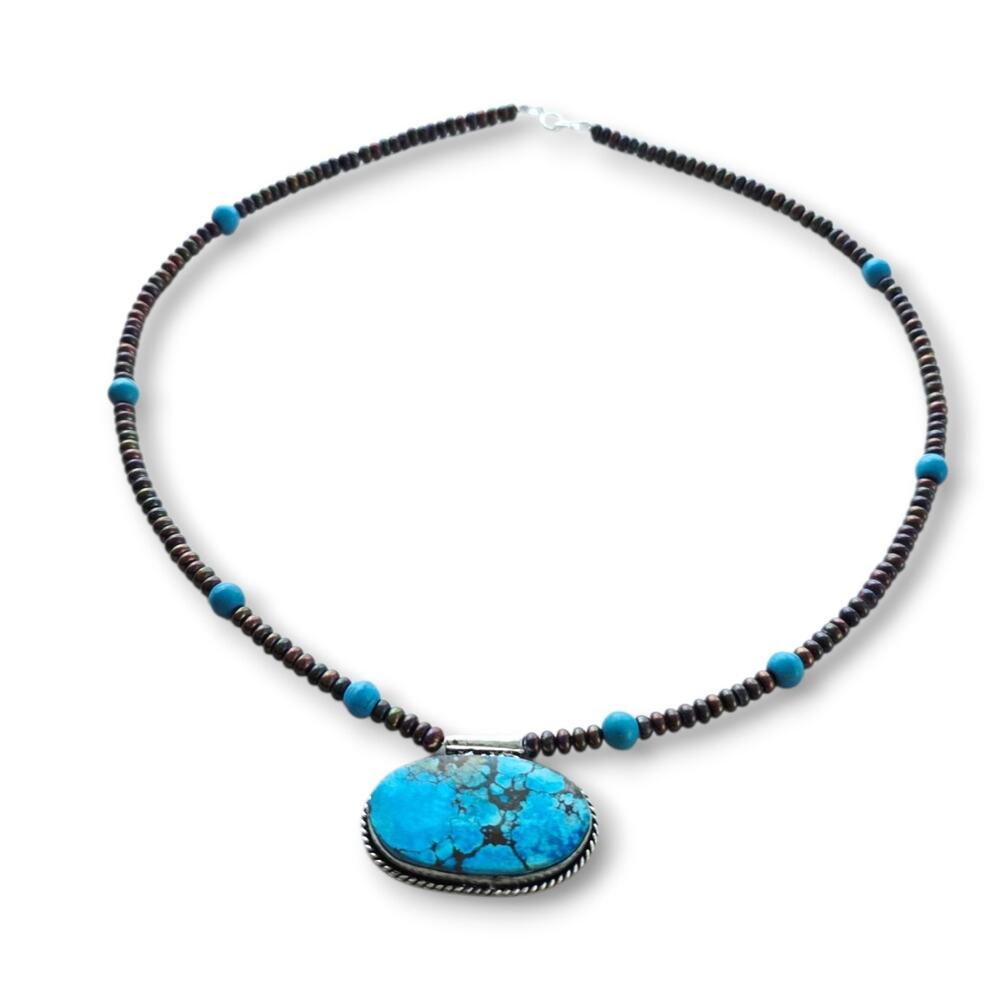 Handmade 925 Stamped Sterling Silver Necklace Turquoise Pearl Stone New Western